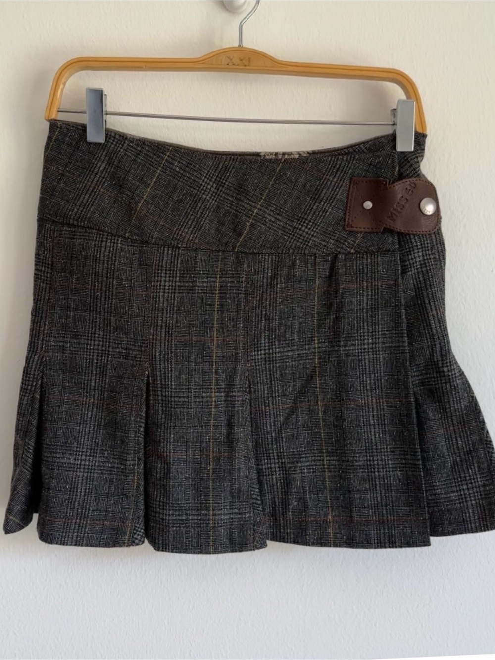 Vintage Y2K Miss 60 Skirt Mini Glen Plaid Grey Black Yellow Pleated Wrap Sixty